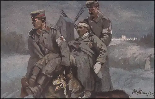 AK Le chien de sanitaire dans le champ: transport d'un blessé, poste de terrain 20.4.1916