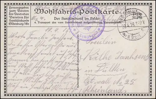 AK Der Sanitäshund im Felde: Transport eines Verwundeten, Feldpost 20.4.1916