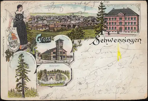 AK Gruss aus Schwenningen: Knaben-Schule, Turnhalle, Neckarquelle, 13.6.1898 