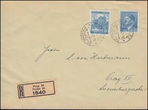 Böhmen und Mähren: 56 Schloss Pardubitz mit ZF auf R-Brief PRAG 15.8.1942