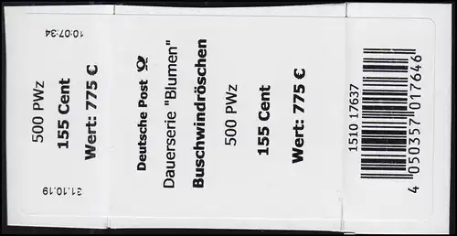 3472 Buschwindröschen 155 Cent + CF Banderole/Aufkleber für 500er kleine Nummer