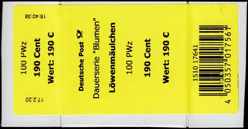3474 Löwenmäulchen 190 Cent + CF Banderole / Aufkleber, kleine Nummer
