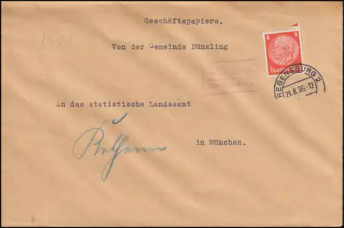 Le temple de la poste de Land Post Dunzling sur REGENSBURG 2 - 24.8.1936 sur lettre à Munich