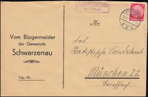 Templier de poste de campagne Schwarzenau sur KITZINGEN 2 (LAND) 26.2.36 Lettre à Munich