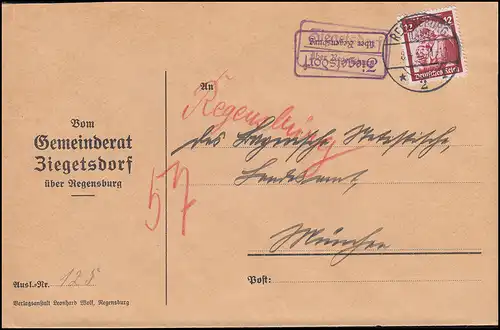 Landpost-Stempel Ziegetsdorf über REGENSBURG 2 LAND 8.4.1935 Brief nach München