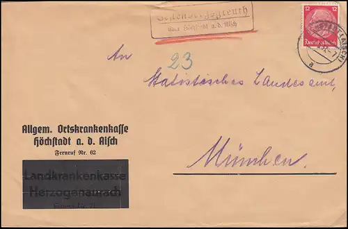 Landpost-Stempel Vestenbergsgreuth über HÖCHSTADT (AISCH) 7.5.1937 auf Brief 
