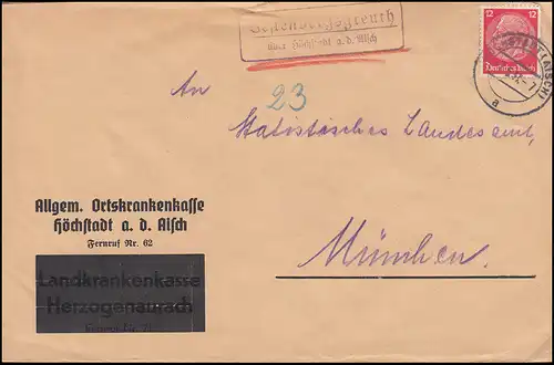 Landpost-Stempel Vestenbergsgreuth über HÖCHSTADT (AISCH) 7.5.1937 auf Brief