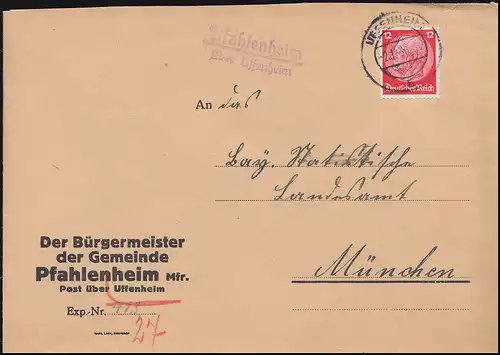 Landpost-Stempel Pfahlenheim au sujet d'UFFENHEIM 2.1.1936 sur lettre à Munich