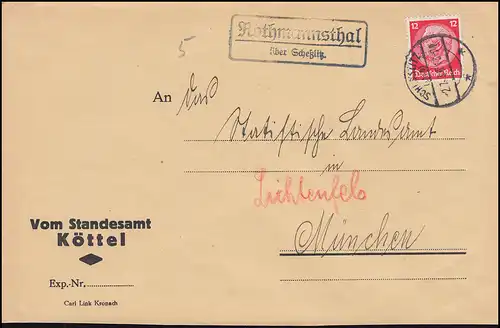Landpost-Stempel Rothmannsthal über SCHESSLITZ (LAND) 2.7.1936 auf Brief 