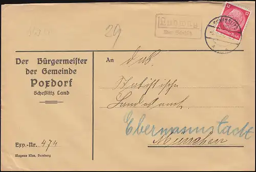 Landpost-Stempel Bojendorf über SCHESSLITZ (LAND) 6.1.1936 Brief nach München