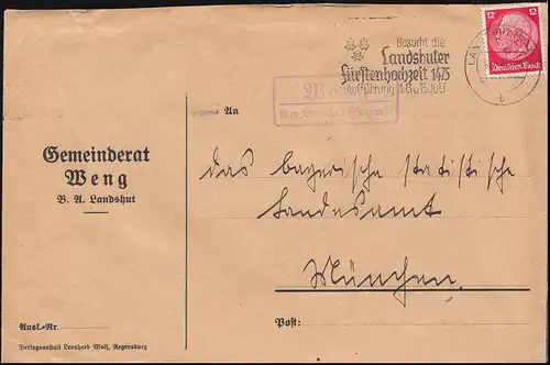 Landpost-Stempel Weng über Landshut Brief nach München Werbe-O LANDSHUT 6.7.34