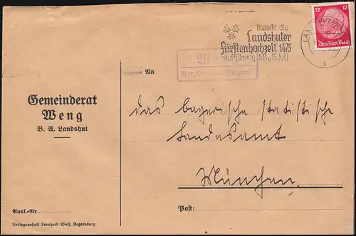 Templier de la poste de Landpost Weng sur Landshut Lettre à Munich Publicité-O LANDSHUT 6.7.34