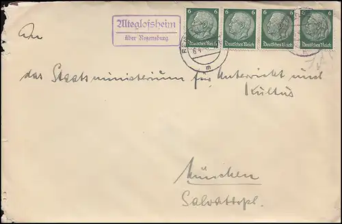 Landpost-Stempel Alteglofsheim über REGENSBURG 6.4.1936 auf Brief nach München
