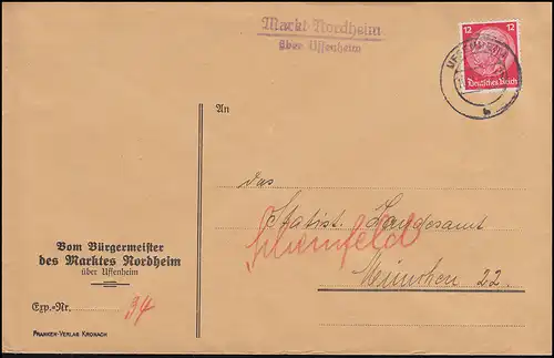 Landpost-Stempel Markt Nordheim au sujet d'UFFENHEIM 10.7.1936 sur lettre à Munich