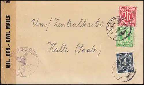 Censuration U.S. Civil Censorship sur lettre avec 914 et AM-Post 3+8 DÜDELSHEIM 1946