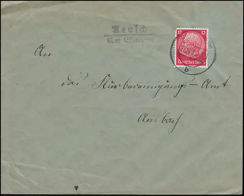 Landpost-Stempel Reusch über UFFENHEIM 27.11.1935 auf Brief nach Ansbach