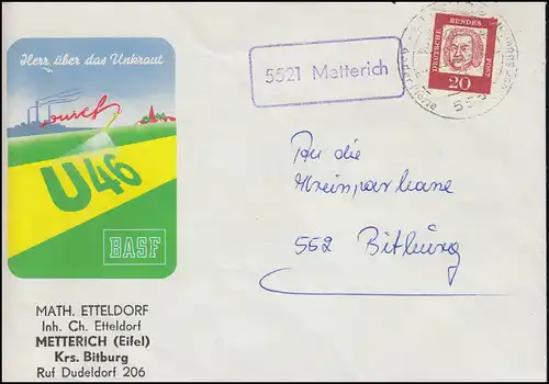 Temple de la poste de campagne 5521 Metterich Lettre SSt BITBURG La fontaine de bière 5.9.63 BASF