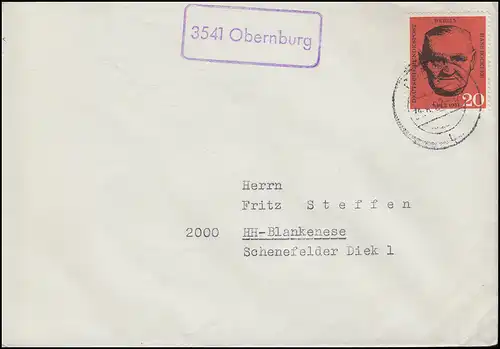 Le temple de Landpost 3541 Obernburg sur lettre avec Berlin-Frankatur KORBACH 1962