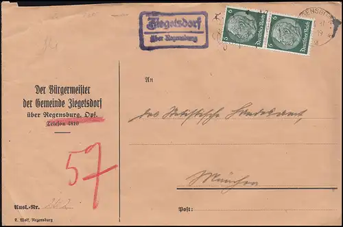 Landpost-Stempel Ziegetsdorf über Regensburg Brief Werbe-O REGENSBURG 2 -29.4.37