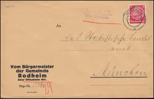 Landpost-Stempel Rodheim über UFFENHEIM 2.7.1937 auf Brief nach München