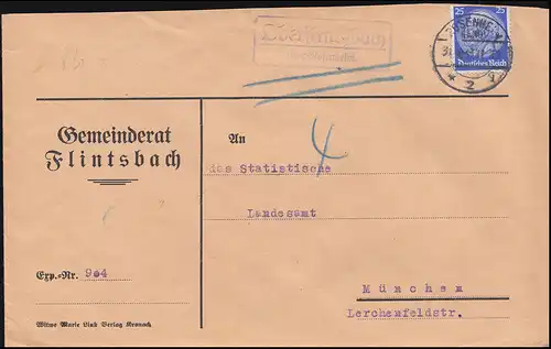 Landpost-Stempel Oberflintsbach sur ROSENHEIM 2 LAND 1932 Lettre à Munich