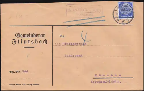 Landpost-Stempel Oberflintsbach über ROSENHEIM 2 LAND 1932 Brief nach München