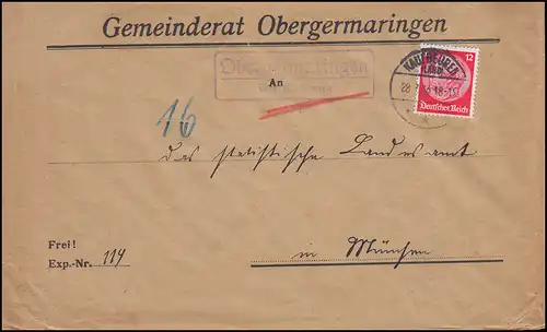 Landpost-Stempel Obergermaringen über KAUFBEUREN LAND 28.7.36 Brief nach München