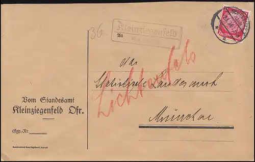 Landpost-Stempel Kleinziegenfeld über SCHESSLITZ (LAND) 2.1.1936 au Brief