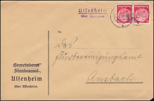 Landpost-Stempel Ulsenheim über UFFENHEIM 21.6.1935 auf Brief nach München