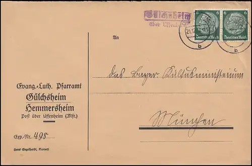Temple de Gülchsheim de Landpost sur UFFENHEIM 21.12.1937 sur lettre à Munich