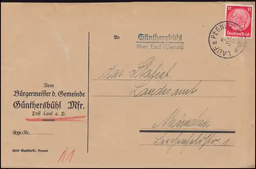 Landpost-Stempel Günthersbühl über LAUF (PEGNITZ) 7.7.36 auf Brief nach München