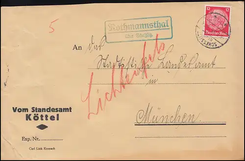Temple de la poste de Landpost Rothmannsthal sur SCHESSLITZ (LAND) 6.8.1935 sur lettre