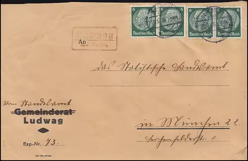 Landpost-Stempel Ludwag über SCHESSLITZ (LAND) 20.3.1936 auf Brief nach München