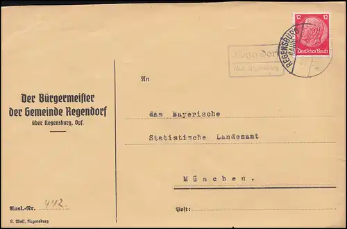 Landpost-Stempel Regendorf über REGENSBURG (LAND) 5.12.1936 Brief nach München