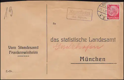 Le temple de Krautheim de la poste de campagne sur KITZINGEN 12.4.1937 sur lettre à Munich