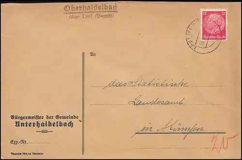 Landpost-Stempel Oberhaidelbach über LAUF (PEGNITZ) 29.6.37 Brief nach München