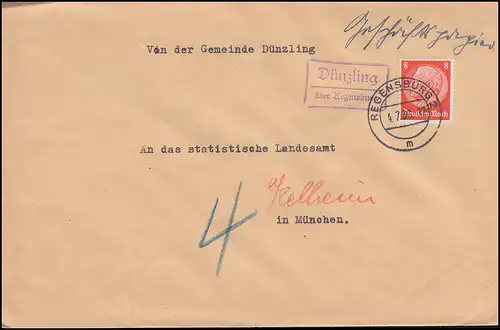 Le temple de Landpost Dunzling sur REGENSBURG 2 - 4.7.1936 sur lettre à Munich