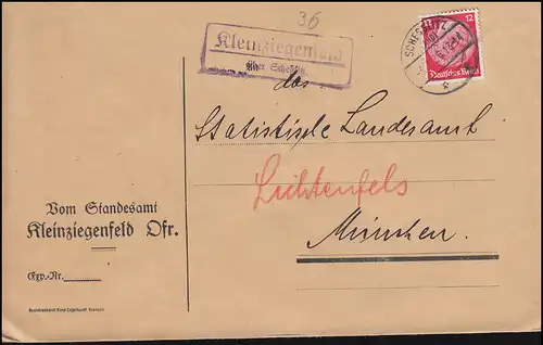 Templier de la poste de campagne Kleinzigenfeld sur SCHESSLITZ (LAND) 6.7.1936 sur lettre
