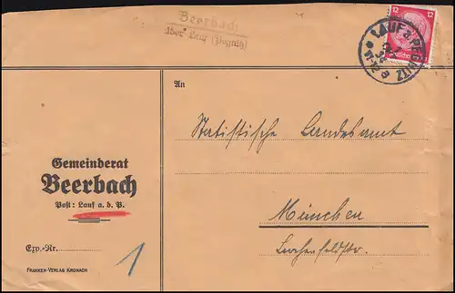 Landpost-Stempel Beerbach über LAUF a. PEGNITZ 1.10.1934 auf Brief nach München