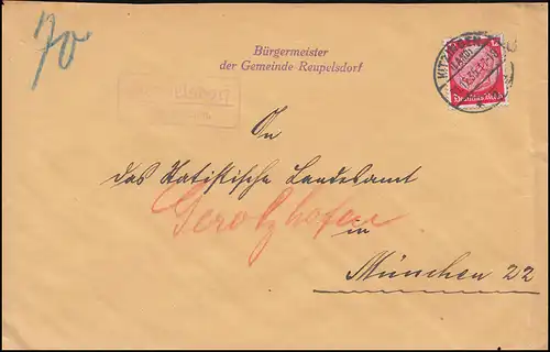 Landpost-Stempel Reupelsdorf über KITZLINGEN (LAND) 31.12.35 Brief nach München