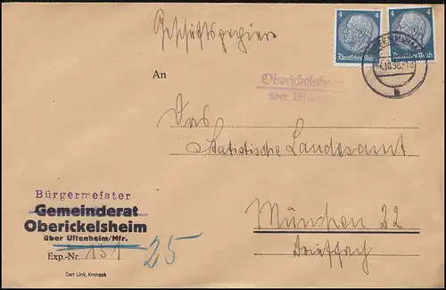 Landpost-Stempel Oberickelsheim über UFFENHEIM 4.10.1936 auf Brief nach München
