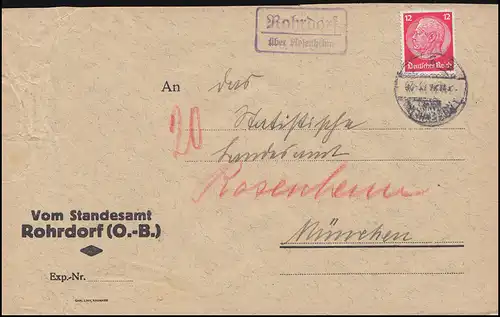 Landpost-Stempel Rohrdorf au sujet de ROSENHEIM (LAND) 3.1.1934 sur lettre à Munich