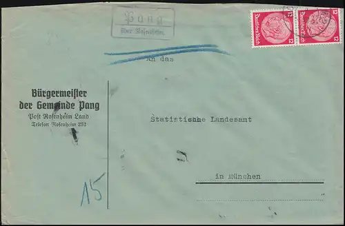 Le temple de la poste de campagne de Pang sur ROSENHEIM 3.8.1937 sur lettre à Munich