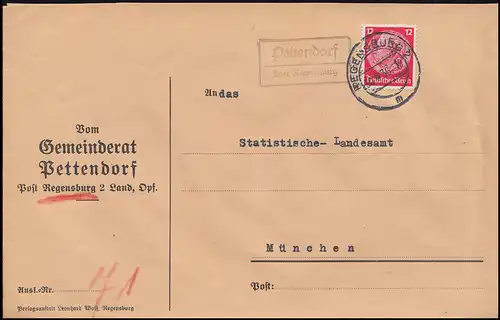 Landpost-Stempel Pettendorf über REGENSBURG 2 - 30.6.1936 auf Brief nach München