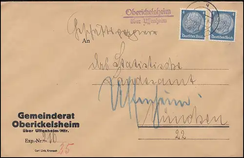 Landpost-Stempel Oberickelsheim über UFFENHEIM 4.1.1936 auf Brief nach München