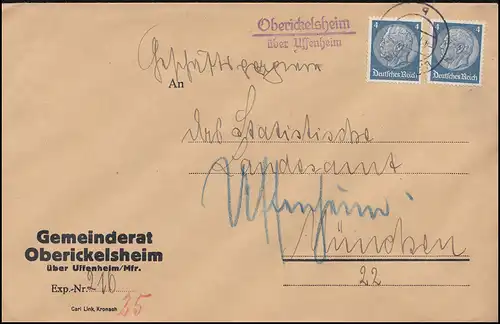 Temple de la poste de Landpost Oberickelsheim sur UFFENHEIM 4.1.1936 sur lettre à Munich