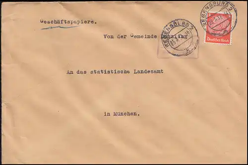 Landpost-Stempel Dünzling über REGENSBURG 2 - 25.3.1937 auf Brief nach München