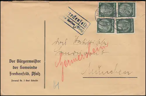 Landpost-Stempel Freckenfeld über LANDAU (PFALZ) 7.4.1937 auf Brief nach München