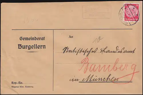 Landpost-Stempel Burgellern über SCHESSLITZ (LAND) 7.7.34 auf Brief nach München