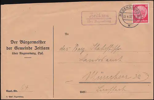 Temple de la poste de campagne Zeillarn sur REGENSBURG 22.4.1937 sur lettre à Munich